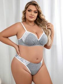 蕾絲有鋼圈大尺碼內衣套裝 - 灰色 - 查看 5