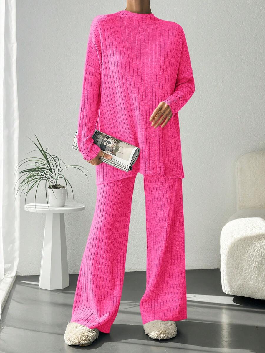 EURMUSE 落肩袖下擺開叉套頭毛衣和針織褲 - 粉色 - 查看 1