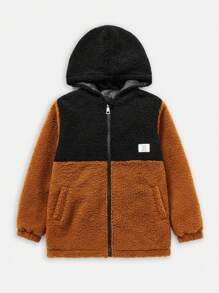 SHEIN Tween Boy Two Tone Letter Patched Detail Zipper Hooded Fleece Jacket - Brown - View 1
