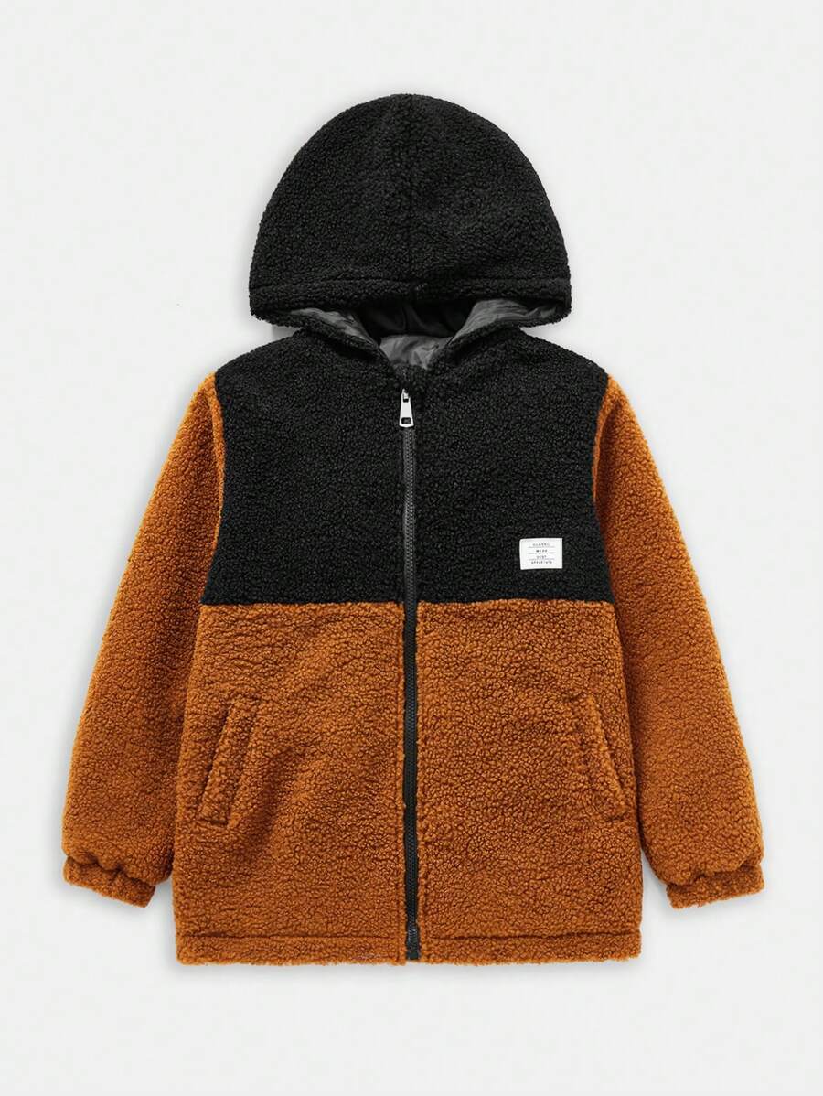 SHEIN Tween Boy Two Tone Letter Patched Detail Zipper Hooded Fleece Jacket - Brown - View 1