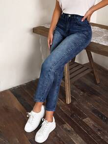 SHEIN LUNE Cao eo Rửa thuốc tẩy Quần jean Mom Fit - Màu xanh lam - Xem 7