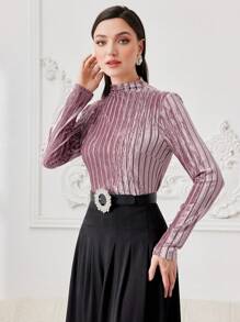 Modelyn 女士絲絨立領t恤 - 粉色 - 查看 4