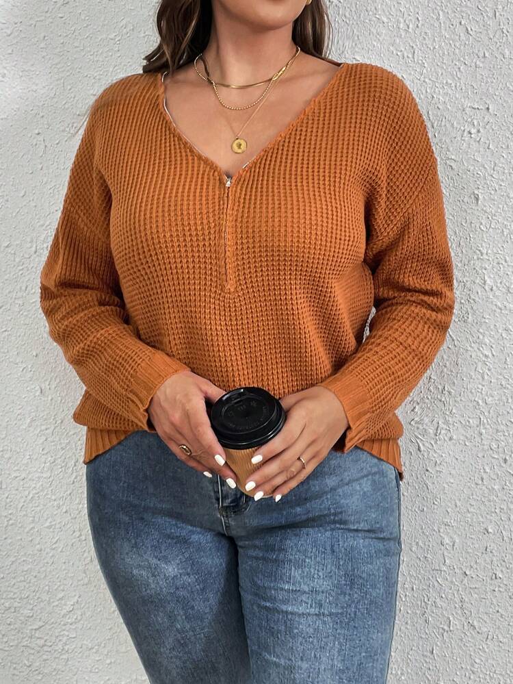 Plus Drop Shoulder Zipper Front Sweater