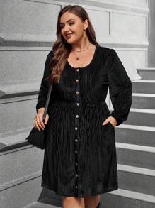 SHEIN LUNE Plus Size Hidden Pocket Single Breasted Dress - Black - View 6