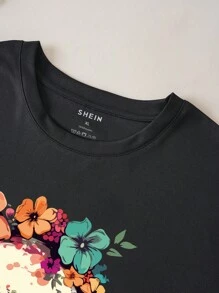 INAWLY Hơn Hoa & In Đầu lâu Áo thun - màu đen - Xem 3