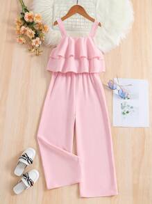 SHEIN Bộ áo liền quần kiểu lá sen mới của Tween Girl, quần dài cho mùa xuân và mùa hè, thích hợp cho kỳ nghỉ, trang phục thường ngày và hàng ngày - Hồng - Xem 1