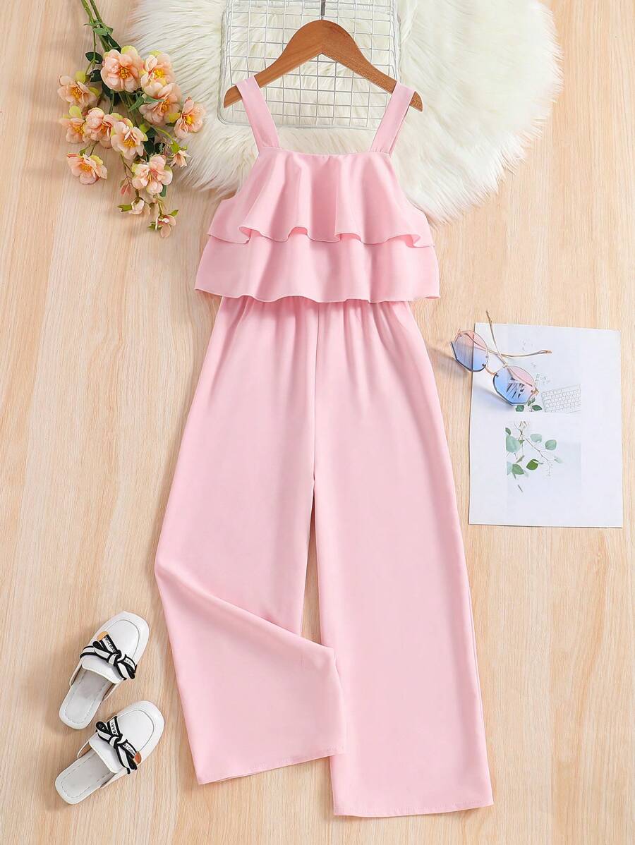 SHEIN Bộ áo liền quần kiểu lá sen mới của Tween Girl, quần dài cho mùa xuân và mùa hè, thích hợp cho kỳ nghỉ, trang phục thường ngày và hàng ngày - Hồng - Xem 1