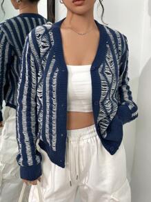 SHEIN Unity كارديجان نمط هندسي أزرار أمامية - الأزرق - مشاهدة 3