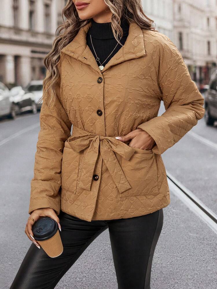 Textured Waist Belt Solid Color Padded Padded Coat Clothes Winter