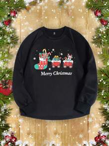 Flirla Plus Christmas Print Raglan Sleeve Sweatshirt Pullover Fall Sweatshirt - Black - View 1