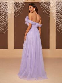 SHEIN Belle Open Shoulder 3D Flower Evening Dress - Mauve Purple - View 3