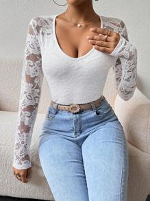 SHEIN Privé Top escote V con encaje - Blanco - Ver 3