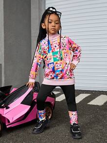 SHEIN Young Girl Cartoon Graphic Drop Shoulder Pullover & Leggings - Multicolor - View 5
