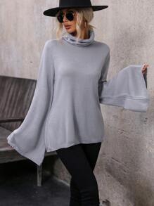 SHEIN LUNE Áo len cổ lọ tay loe kiểu quấn sau, chất liệu dệt kim, thích hợp cho mùa thu đông. - Màu Xám nhạt - Xem 6