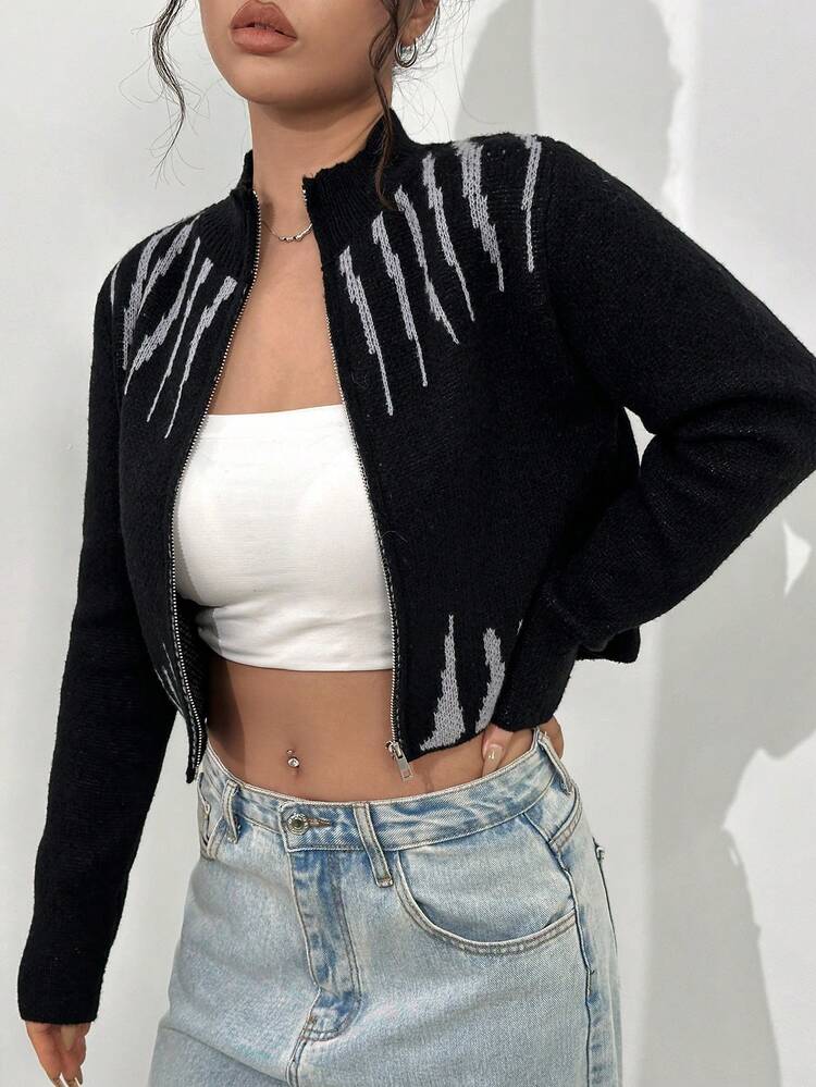 Graphic Pattern Zip Up Crop Cardigan