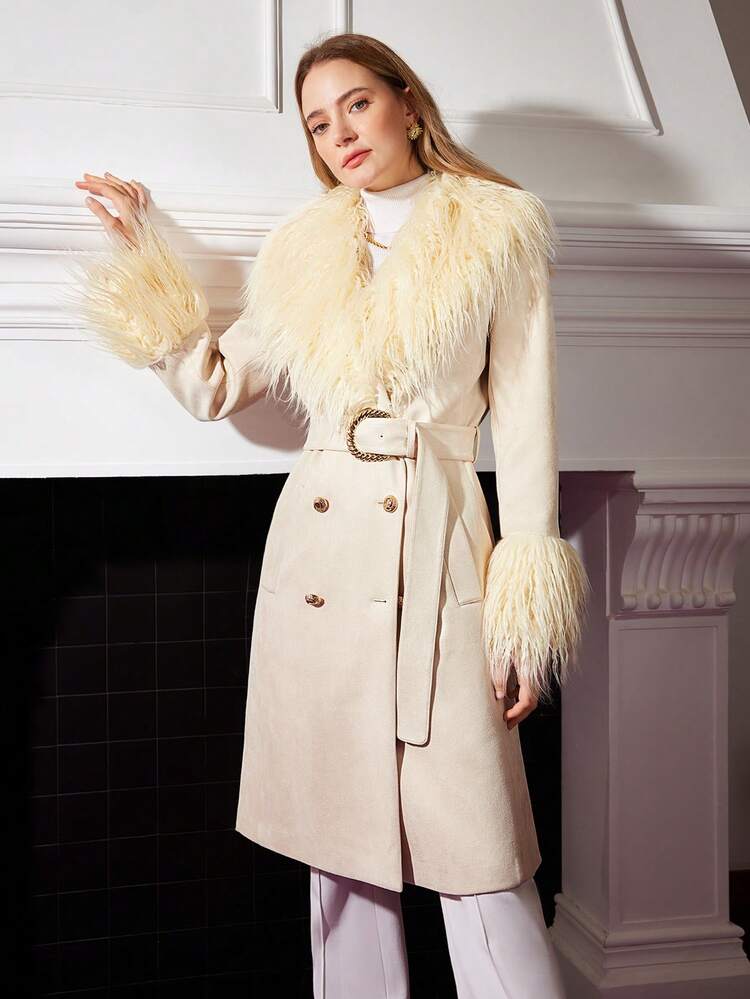 MOTF PREMIUM Abrigo De Pelo Sintético Cubierto Con Cinturón - Albaricoque - Añade 6