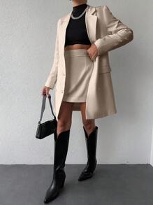 EURMUSE Women's Lapel Collar Single Breasted Blazer Suit Set - Beige - View 5