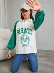 RueChic Teen Girl Letter Graphic Raglan Sleeve Two Tone Sweatshirt - Multicolor - View 1