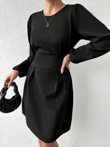 RueChic Solid Lantern Sleeve Fold Pleated Detail Dress - Black - View 3