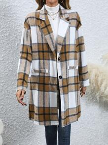 Chiquease Plaid Print Lapel Neck Overcoat Fall Cloth For Women - Yellow - View 3