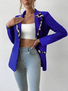 SHEIN Privé Contrast Trimmed Single Button Blazer - Royal Blue - View 4