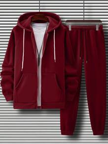 Manfinity Homme Men's Zip Fly Drawstring Hooded Sweatshirt And Sweatpants Set - Burgundy - View 1