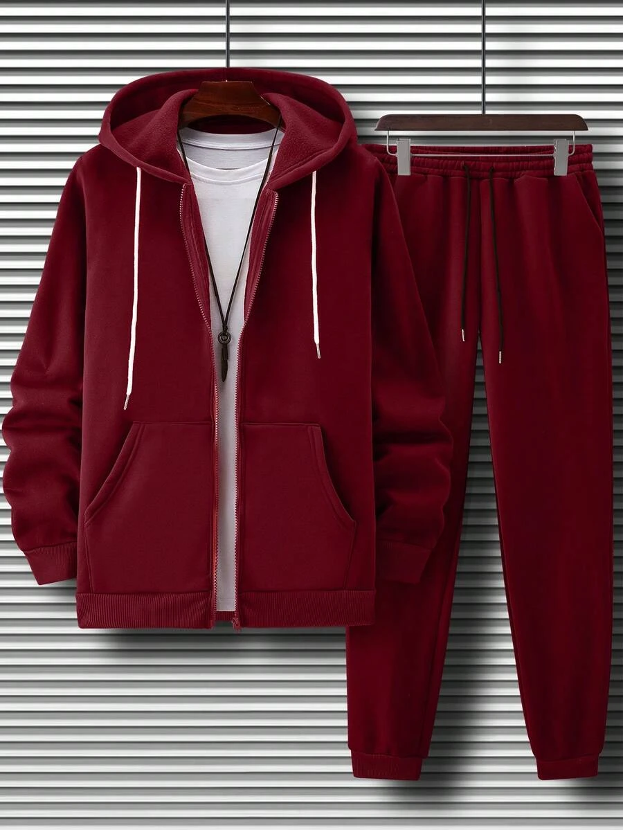 Manfinity Homme Men's Zip Fly Drawstring Hooded Sweatshirt And Sweatpants Set - Burgundy - View 1