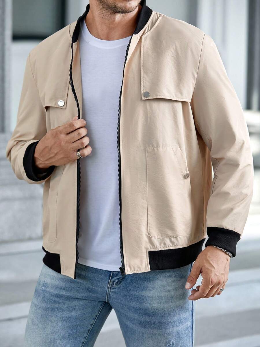 Manfinity VCAY 宽松版型男士加大码拉链长袖休闲飞行员夹克，适合秋冬 - 彩色 - 查看 1