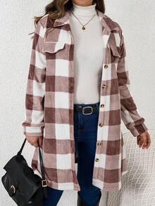 SHEIN LUNE 大碼格紋印花落肩袖翻蓋細節法蘭絨格子衫洋裝 - 彩色 - 查看 3