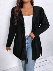 SHEIN LUNE 大碼流蘇邊開門襟連帽外套 - 黑色 - 查看 6