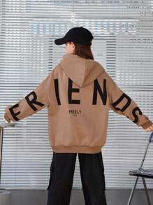 SHEIN Cô gái Tween Lỏng lẻo phù hợp áo có mũ Thả vai Giải trí Áo nỉ Với In thư - Cà phê nâu - Xem 1