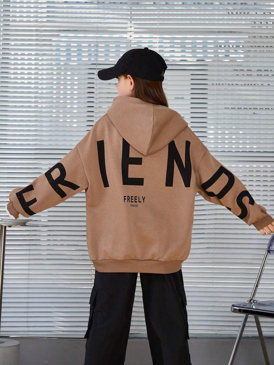 SHEIN Cô gái Tween Lỏng lẻo phù hợp áo có mũ Thả vai Giải trí Áo nỉ Với In thư - Cà phê nâu - Xem 1