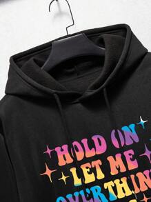 男士標語圖案袋鼠口袋抽繩保暖連帽衫 - 黑色 - 查看 7