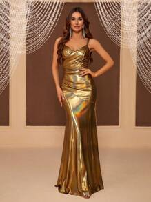 SHEIN Belle 女士褶皺腰身、人魚擺晚禮服(重裝款) - 金色 - 查看 2