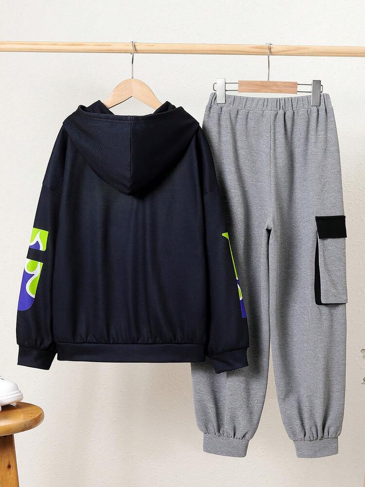 Boys' Casual Letter Print Hooded Sweatshirt And Pants Set