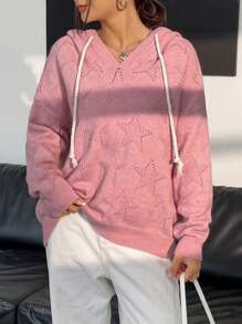 Flirla Star Pattern Drop Shoulder Drawstring Hooded Pointelle Knit Pullover Fall Winter Sweater - Pink - View 3