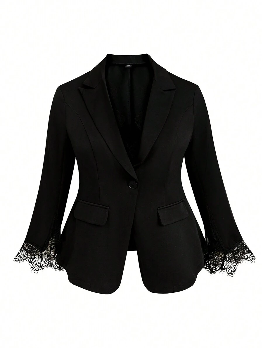 Celure Plus Eyelash Lace Panel Flounce Sleeve Single Button Blazer - Black - View 1