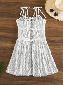 SHEIN Swim 夏季女士蕾丝花卉印花腰带设计和服开衫 - 白色 - 查看 6