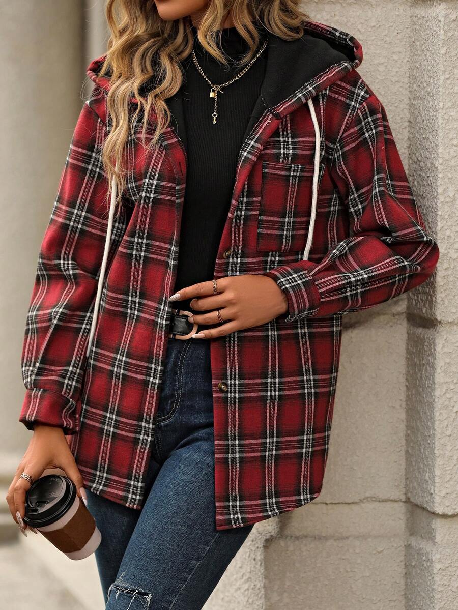 SHEIN LUNE Abrigo con capucha con estampado de cuadros de hombros caídos con cordón - Rojo - Ver 1