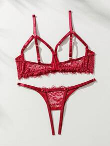 SHEIN Goth Floral Lace Harness Lingerie Set - Burgundy - View 2