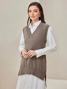 Seusyu 1pc Split Hem Sweater Vest - Coffee Brown - View 4