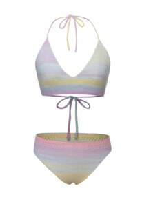 SHEIN Swim Striped Halter Cover Up Set Summer - Multicolor - View 3