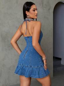 SHEIN ICON 女性牛仔百褶繞頸洋裝 - 中等水洗藍 - 查看 2