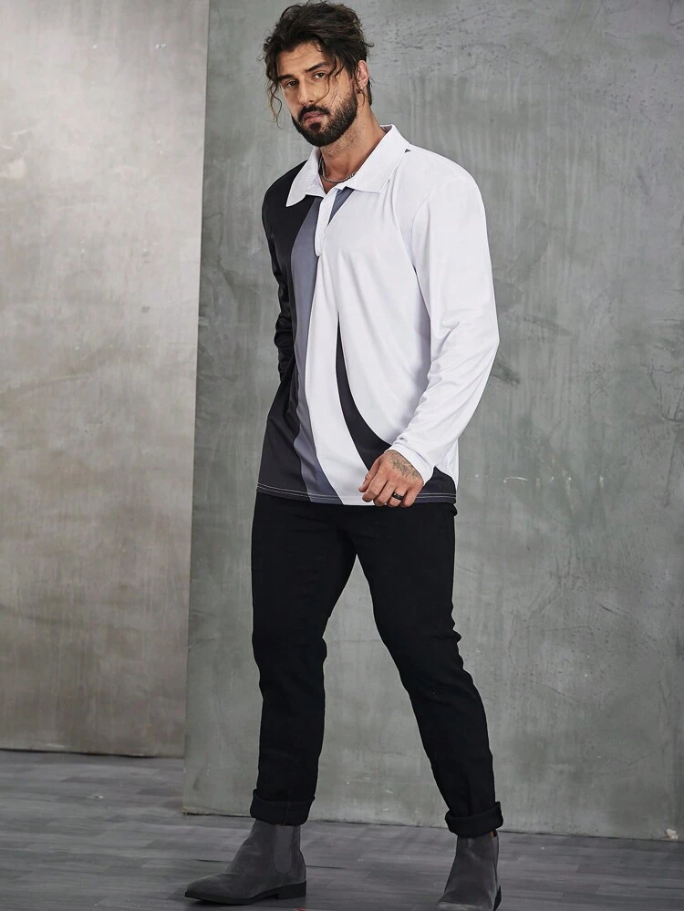 Men's Plus Size Color Block Long Sleeve Polo Shirt