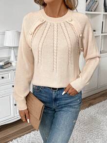 SHEIN Frenchy 麻花編織插肩袖套頭毛衣 - 杏色 - 查看 3