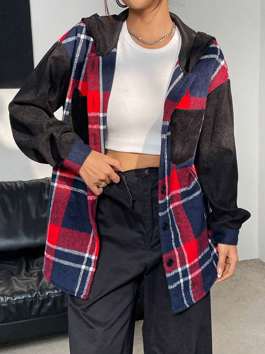 SHEIN LUNE In kẻ sọc Thả vai Áo trùm đầu - Đỏ - Xem 1