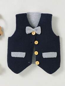 Em bé Con trai Single-breasted Áo vest Với Nơ thắt Và Mở Mặt trước Áo sơ mi - Xanh đậm - Xem 5