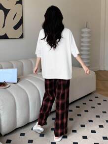 DAZY Solid Drop Shoulder White Tee & Plaid Pants Lounge Set Pajama