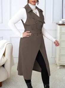 Calvaya Plus Size Double Breasted Belted Sleeveless Trench Coat - Coffee Brown - View 5