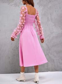 SHEIN VCAY Contrast Mesh Appliques Flounce Sleeve Square Neck A-line Dress - Pink - View 2